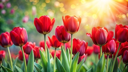 Fototapeta premium Vibrant red tulips burst into bloom against a soft, serene natural springtime background, capturing the beauty and essence of the season's renewal and splendor.