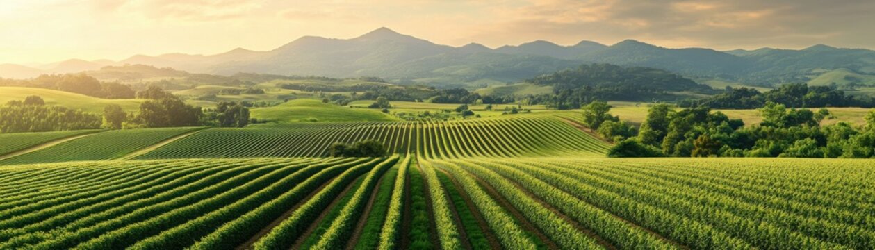 Organic farm, lush green fields with crops, 3D illustration