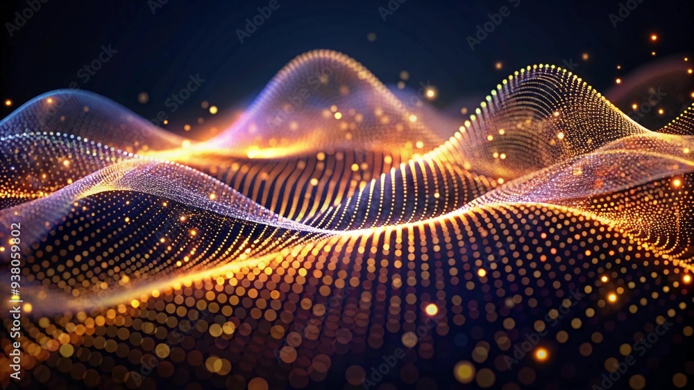 Poster abstract futuristic blue wave with moving dots. the flow of particles with glitch effect. ideal grap