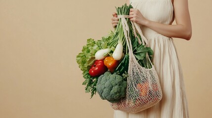 Fresh Vegetables in String Bag on Beige Background