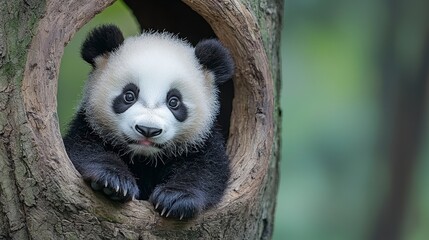 Obraz premium An adorable giant panda cub peeks out from a circular tree hollow in a lush green forest.