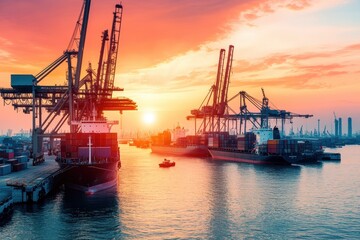 Obraz premium Cargo Ship Docked at a Busy Harbor at Sunset