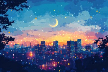 Fototapeta premium Crescent Moon Urban Skyline Islam Religion Spiritual Symbol