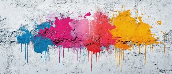 Fototapeta premium Colorful Paint Splatters and Drips on Modern Stucco Wall for Creative Background Design