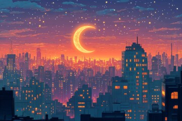 Fototapeta premium Crescent Moon Urban Skyline Islam Religion Spiritual Symbol