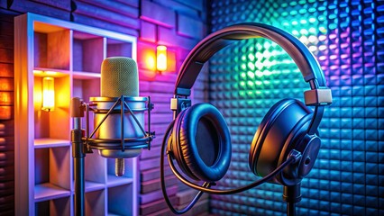 Vibrant studio setup with professional microphone, headphones, and pop filter, illuminated by softbox lights, ready for a lively podcast recording session.