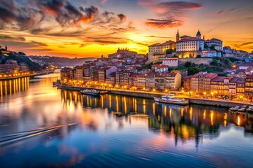 Fototapeta premium Vibrant sunset casts a warm glow on Porto's serene Douro River, where twinkling city lights and rippling waters harmonize in perfect symphony.