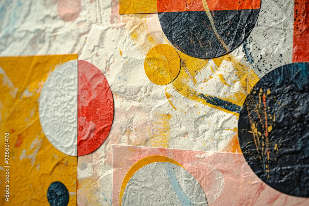 Poster whimsical art print featuring abstract shapes and embossed textures on textured paper texture.