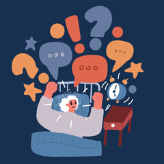 Cartoon vector illustration of Wake up, bed and woman with smile, stretching and morning in home, wellness and bedroom of apartment. House, happiness and African girl with joy, person and relax with