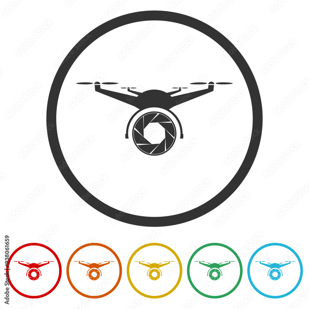 Poster drone lens logo. set icons in color circle buttons