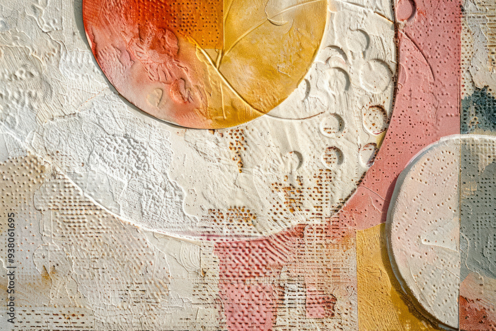 Poster whimsical art print featuring abstract shapes and embossed textures on textured paper texture.