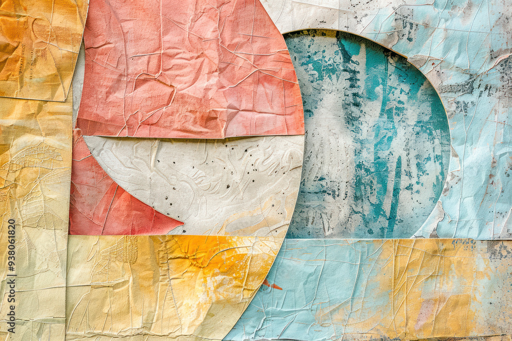 Poster whimsical art print featuring abstract shapes and embossed textures on textured paper texture.