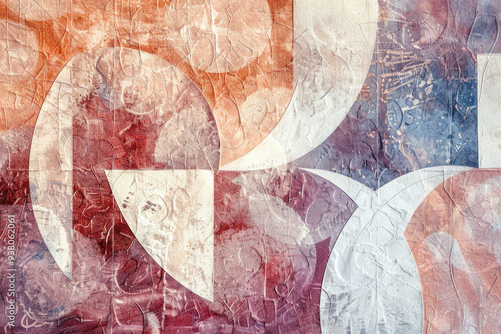 Poster whimsical art print featuring abstract shapes and embossed textures on textured paper texture.