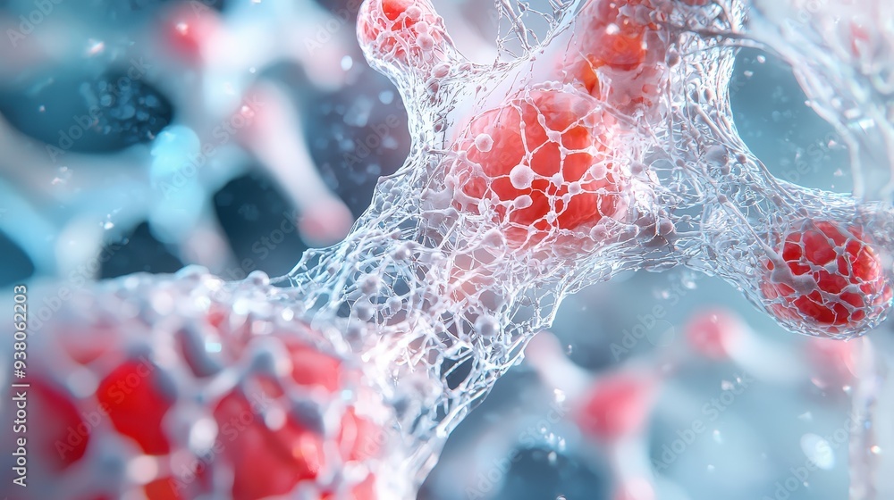 Poster close-up of lung tissue under a microscope showing alveoli and capillary networks