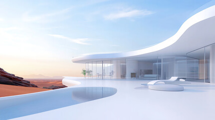 White luxury modern villa in desert at sunset, designed in streamlines