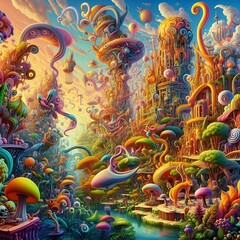 Fototapeta premium A colorful fantastic world with magical plants and trees and strange animals in the stunning forest, surrealist landscape view on rainbow sky