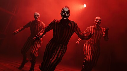 Zombie clowns performing tricks in a haunted circus, dark atmosphere, 3D illustration