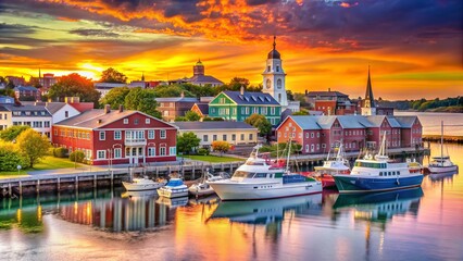 Fototapeta premium Vibrant waterfront scene in South Portland, Maine, featuring colorful buildings, sailboats, and a picturesque ferry terminal along the Fore River at sunset.