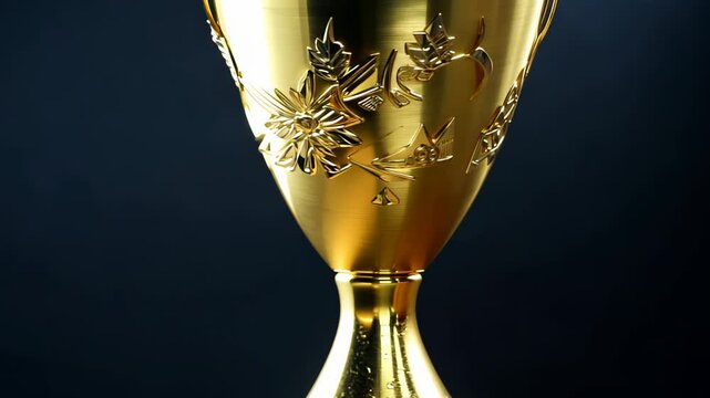 golden trophy cup with intricate floral engravings, set against a dark background.