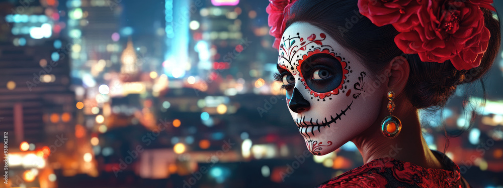 Canvas Prints A beautiful woman with sugar skull makeup and roses in her hair stands on the roof of an elegant casino at night