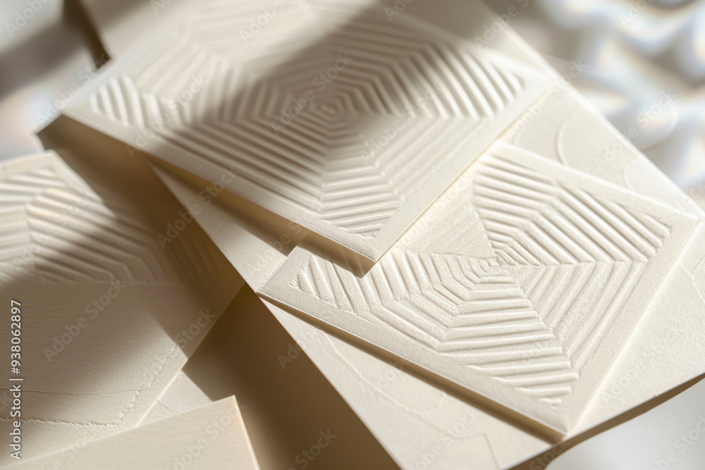 Poster minimalist greeting cards with geometric embossed patterns on textured paper texture.
