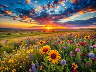 Vibrant wildflowers sway gently in the breeze as the desert landscape transforms into a kaleidoscope of colors during a breathtaking sunset over the prairie plains.