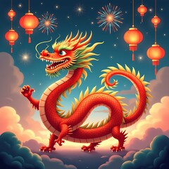 Obraz premium Festive Chinese New Year cartoon greeting card design with cute Chinese dragon on the cloud with lanterns and fireworks on night sky, Chinese New Year concept