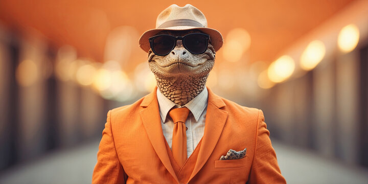 Modern alligator in fashionable trendy outfit with hipster glasses and orange business suit Creative animal idea banner Pastel orange background banner with copyspace.