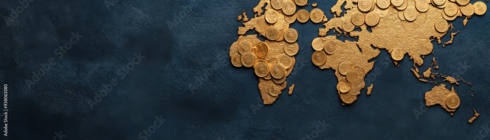 Poster a map with gold coins placed strategically across regions, representing the global distribution of w