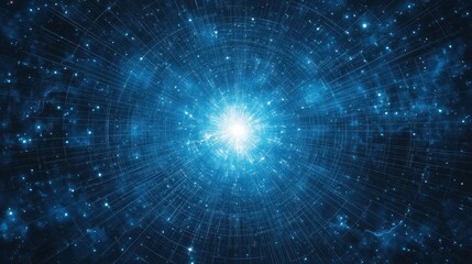 Fototapeta premium Radial burst of light forming a sunburst chart on a deep blue cosmic grid