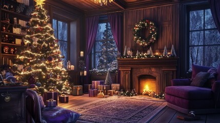 Christmas cozy home interior purple color