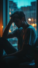 Pensive Man with Headache Planning Solo Trip in Dimly Lit Room