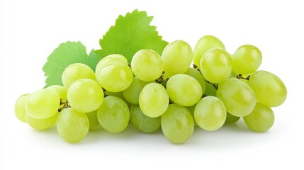 A cluster of fresh green grapes with leaves isolated on a white background.