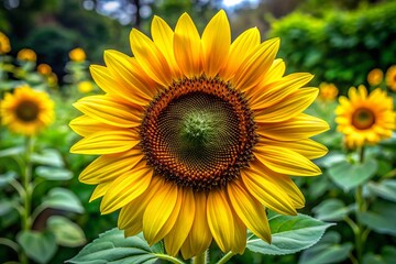 Obraz premium Vibrant yellow petals and dark center of a mature Helianthus annuus sunflower fill the frame in a close-up front view from a lush garden setting.