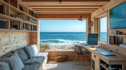 Fototapeta premium Serene Inspiration: Freelance Writer Sparking Creativity in a Beachfront Tiny House