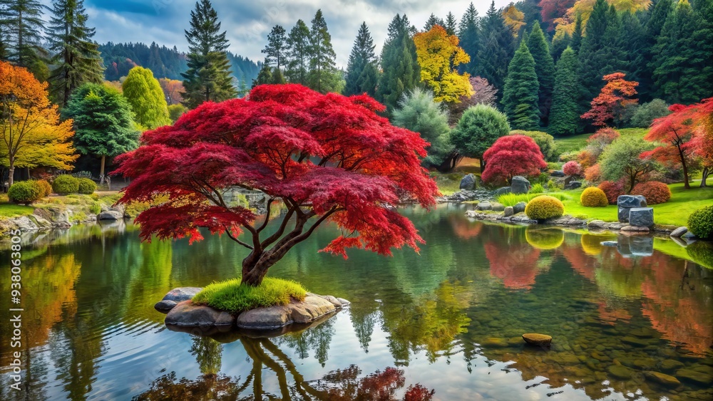 Wall mural vibrant young japanese maple tree with deep red leaves stands out against a blurred backdrop of lush