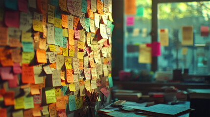 Cluttered Workspace with Post-it Notes