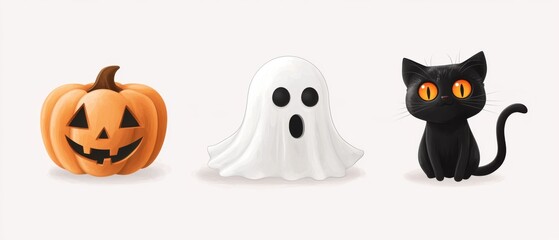 Fototapeta premium A pumpkin, a ghost, and a black cat on a white background, in a vector style with a simple, minimalistic, flat design and flat colors. Vector art with simple lines, shapes on a white background.