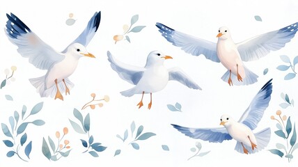 Fototapeta premium Set of seagulls, soaring and perched, isolated, white background, Watercolor style