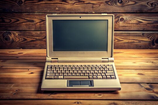 Vintage laptop on a wooden table, manufactured by a renowned American technology corporation, with a worn keyboard and outdated design, evoking nostalgia and retro tech.