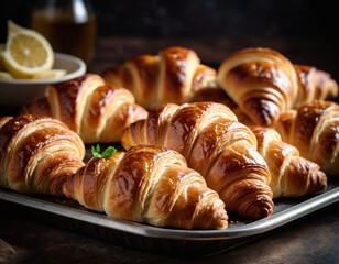 Assortment of golden-brown croissants rests on rustic tray. Warm fragrant aroma fills cozy kitchen. Inviting display suggests relaxing morning gathering, ideal breakfast brunch with family friends