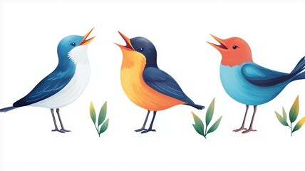 Obraz premium Set of larks, standing on ground, singing, isolated, white background, Watercolor style