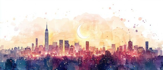 Crescent Moon Urban Skyline Islam Religion Spiritual Symbol