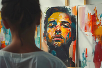 Art collector examining painting, sophisticated gallery, diverse artworks displayed elegantly.