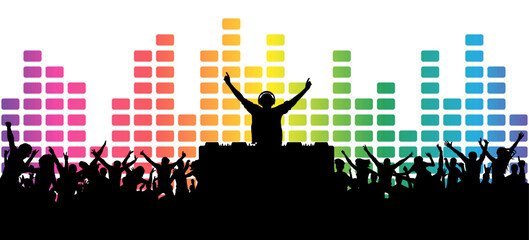 Dj playing music for party people cheering with colorful equalizer background. Vector illustration