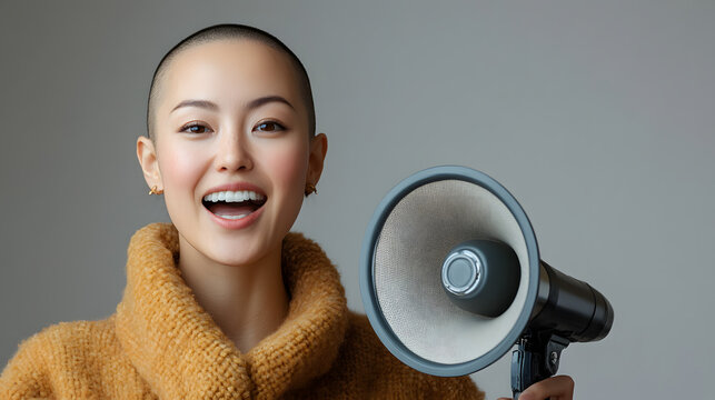 Young woman wearing brown jacket and holding a megaphone.  Perfect for a apparel marketing, sales and discounts announcement and clothing, Sale banner for a urbanwear, plain bright background