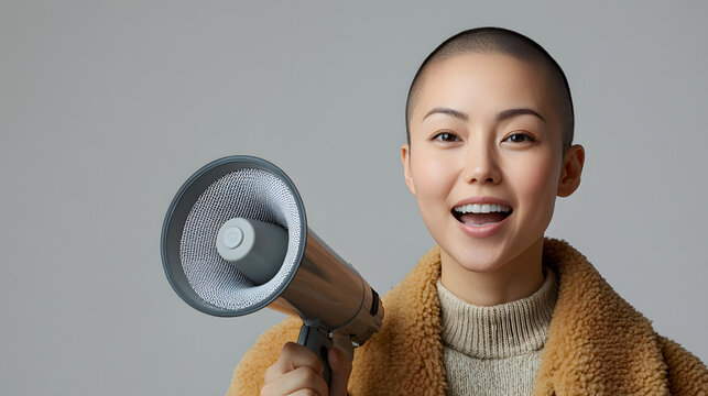 Young woman wearing brown jacket and holding a megaphone.  Perfect for a apparel marketing, sales and discounts announcement and clothing, Sale banner for a urbanwear, plain bright background