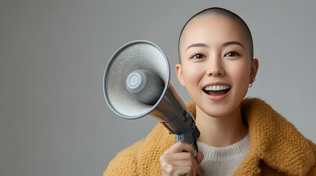 Young woman wearing brown jacket and holding a megaphone.  Perfect for a apparel marketing, sales and discounts announcement and clothing, Sale banner for a urbanwear, plain bright background