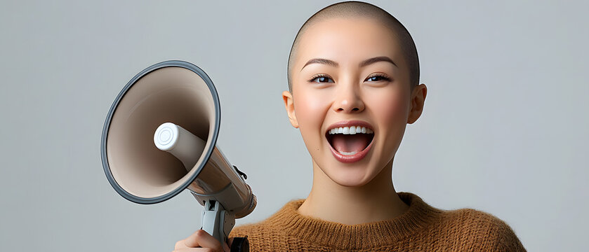 Young woman wearing brown jacket and holding a megaphone.  Perfect for a apparel marketing, sales and discounts announcement and clothing, Sale banner for a urbanwear, plain bright background