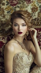 A glamorous fashion shoot featuring elegant couture dresses and opulent jewelry. The models pose against a classic, vintage backdrop, highlighting the luxury and sophistication of the designs.